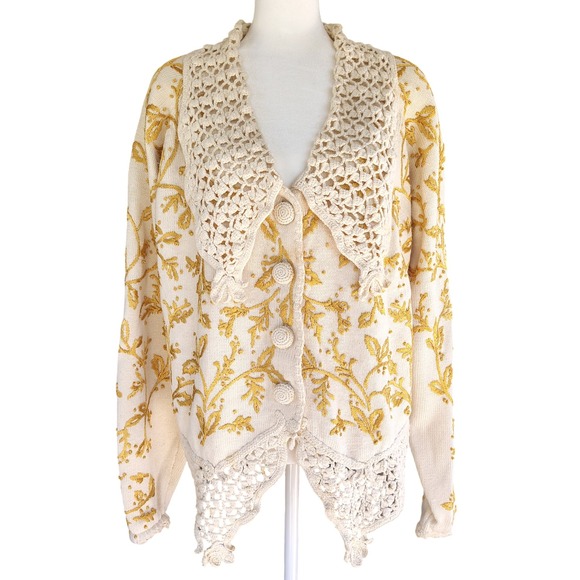 Vintage Express Tricot Women's Cardigan Sweater L Ivory Embroidered Cottagecore - Picture 1 of 10